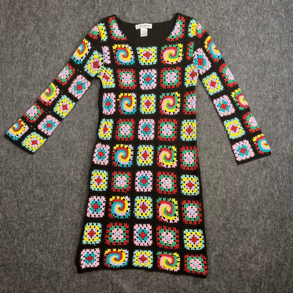 Cotton Emporium Womens Crochet Granny Square Mini Dress Black Multi Color Sz S